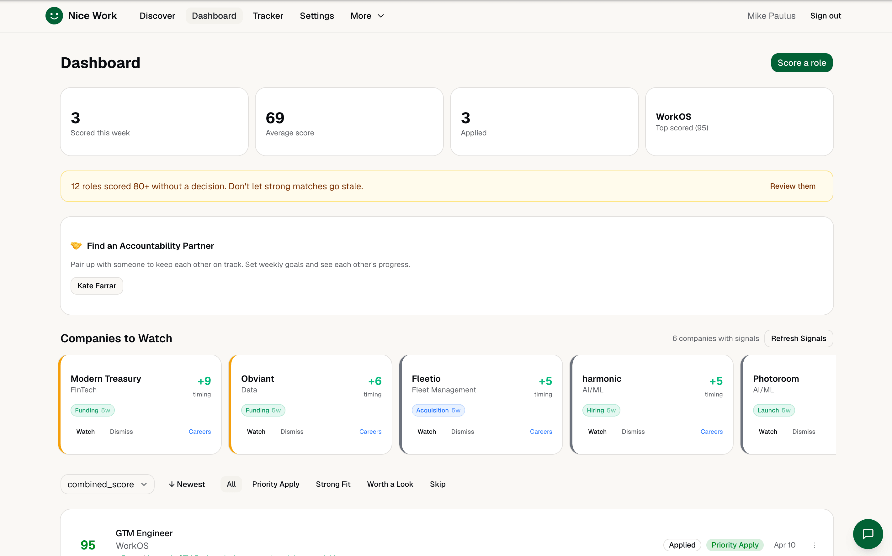 Nice Work dashboard showing scored roles, company signals, and application stats