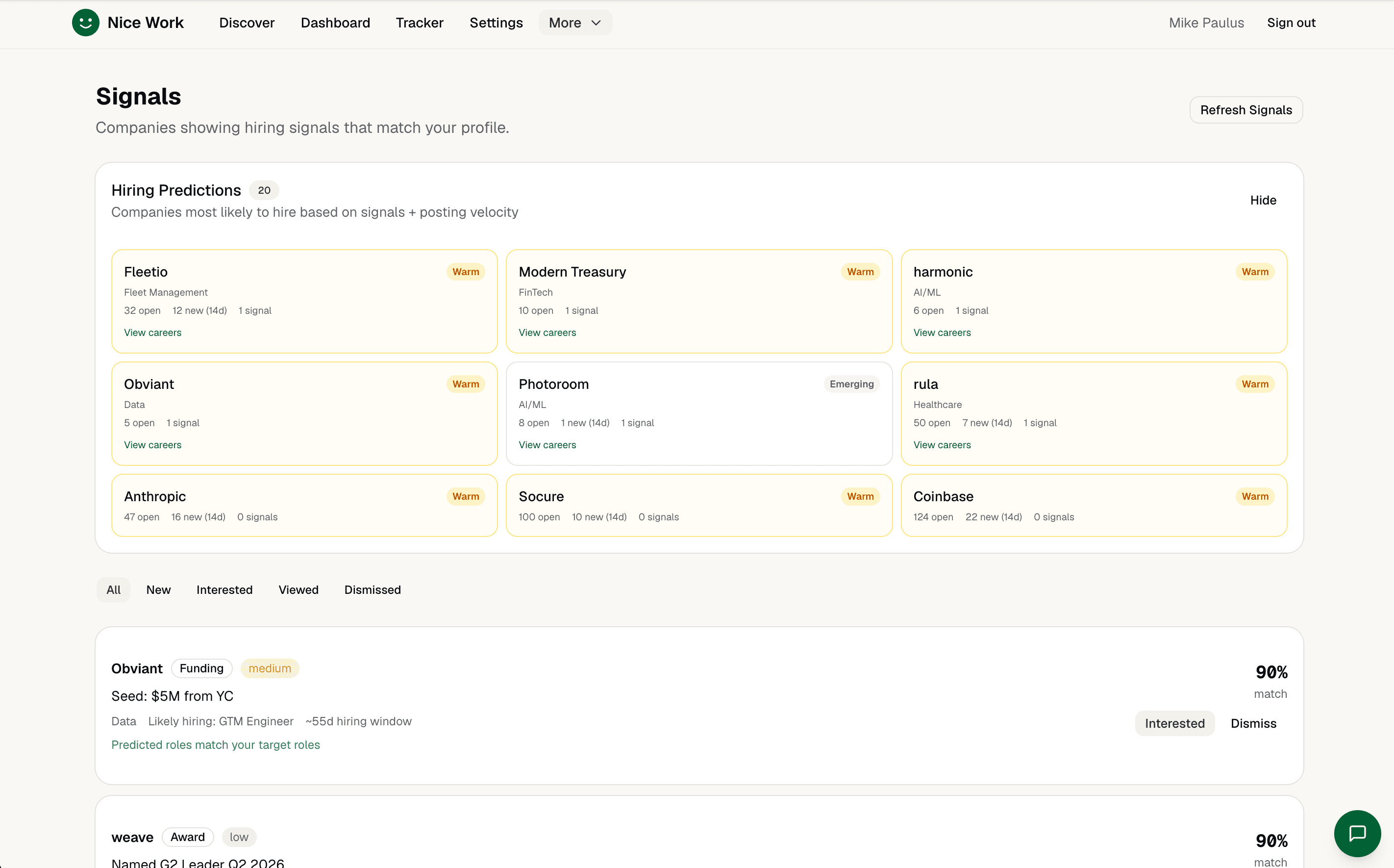 Signals page showing hiring predictions and company-level signals